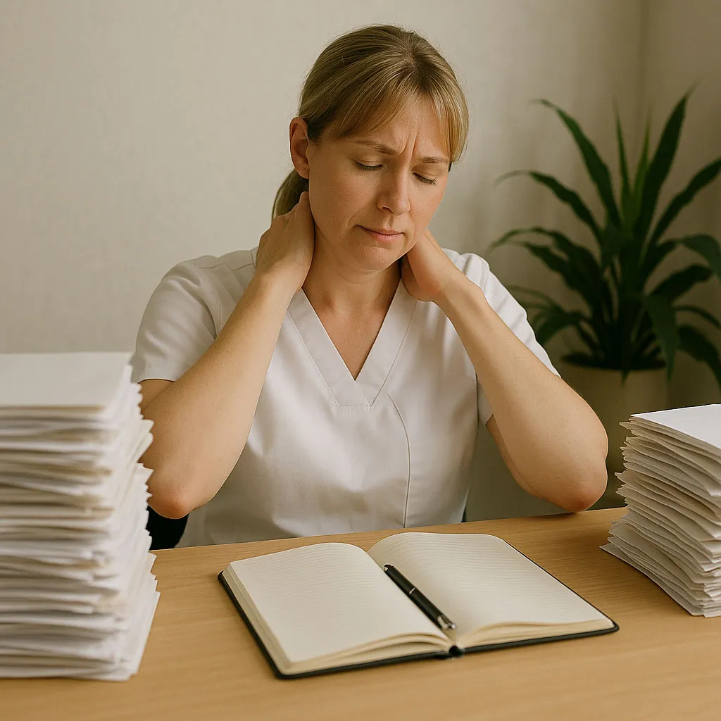 A therapist surrounded by piles of paperwork