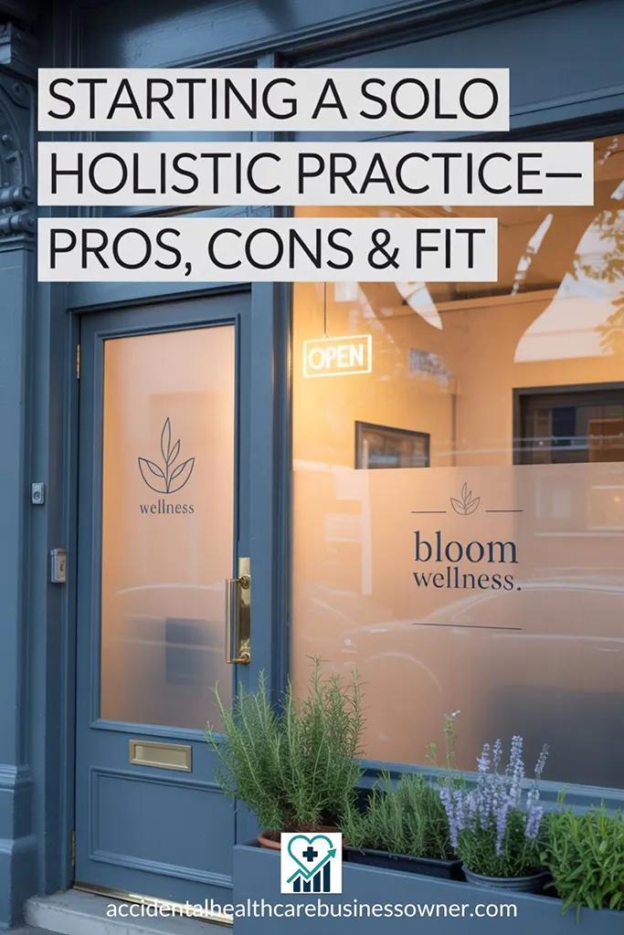 Streetfront clinic facade at golden hour, text says: “Starting a Solo Holistic Practice—Pros, Cons & Fit”