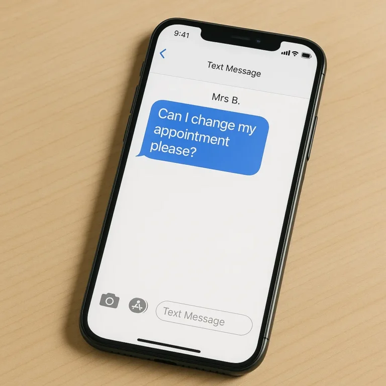 A smartphone placed on a light-colored desk. On the screen, a text message is visible from 'Mrs B.' saying: 'Can I change my appointment please?'