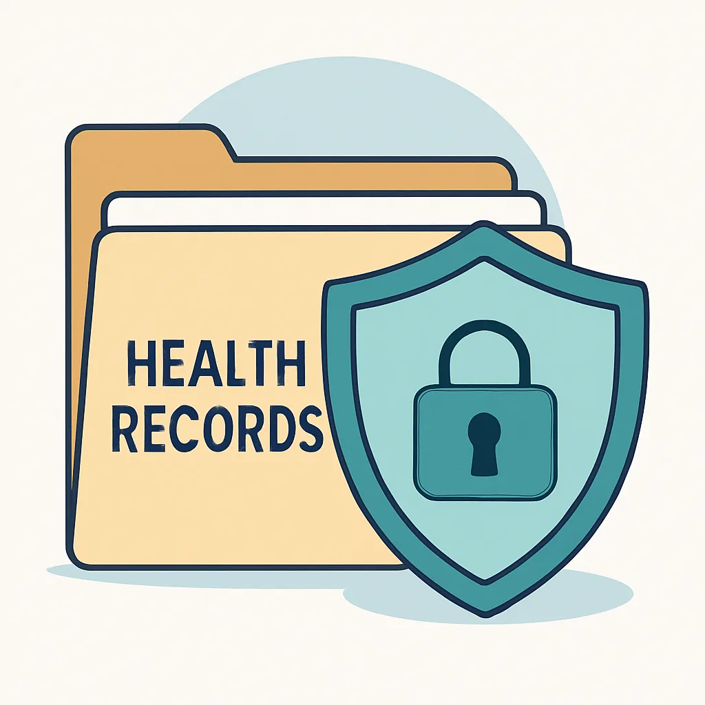 A modern illustration representing secure storage of health records. A folder labeled 'Health Records' is shown behind a shield with a lock icon on it.