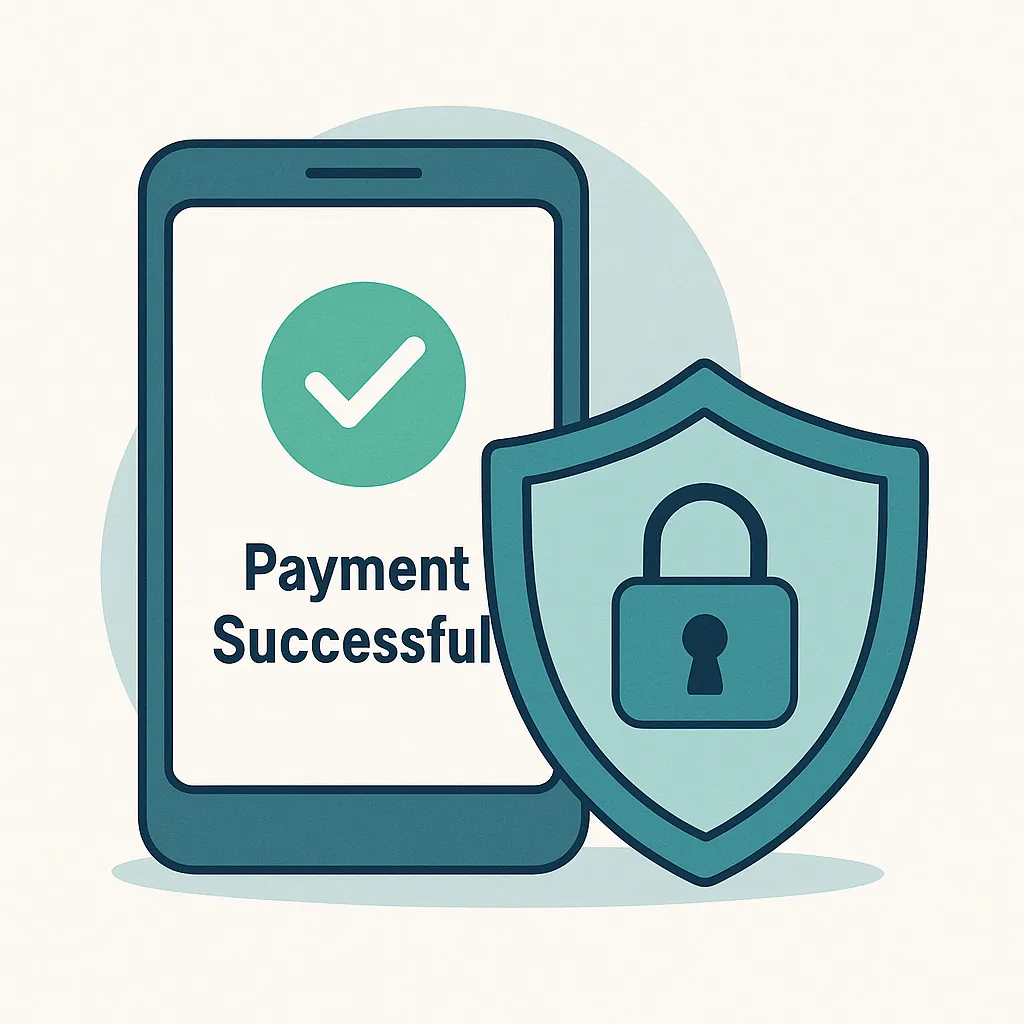 A modern illustration of a secure digital payment system. A smartphone displays a confirmation message with a large green checkmark and the words 'Payment Successful'. Beside the phone, a shield with a lock icon emphasizes security.