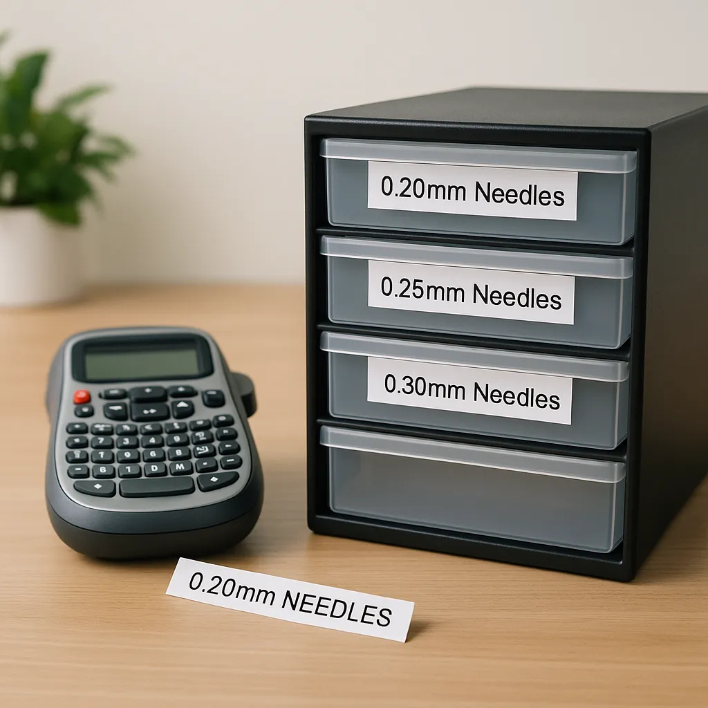 A clinic workspace showing a small storage unit with neatly labeled drawers. Each drawer is labeled using a label maker and holds acupuncture needles organized by size (e.g., 0.20mm, 0.25mm, 0.30mm). A label maker sits on the desk beside the storage unit, with a fresh label strip.