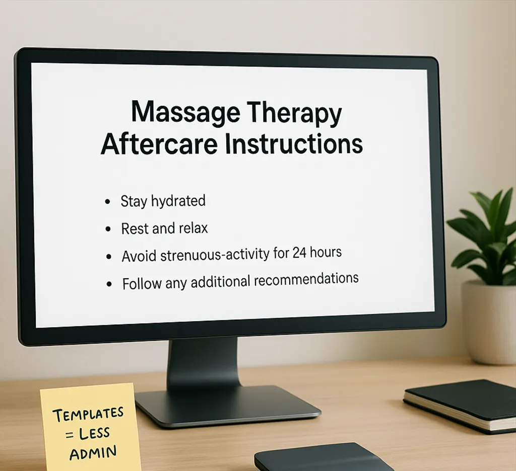 A modern desktop computer on a tidy wooden desk. The computer screen displays a clean, professional template document titled 'Massage Therapy Aftercare Instructions.' The text layout is a simple form with bullet points such as 'Stay hydrated,' 'Rest and relax,' and 'Avoid strenuous activity for 24 hours.' A yellow sticky note on the desk reads 'Templates = Less Admin.'