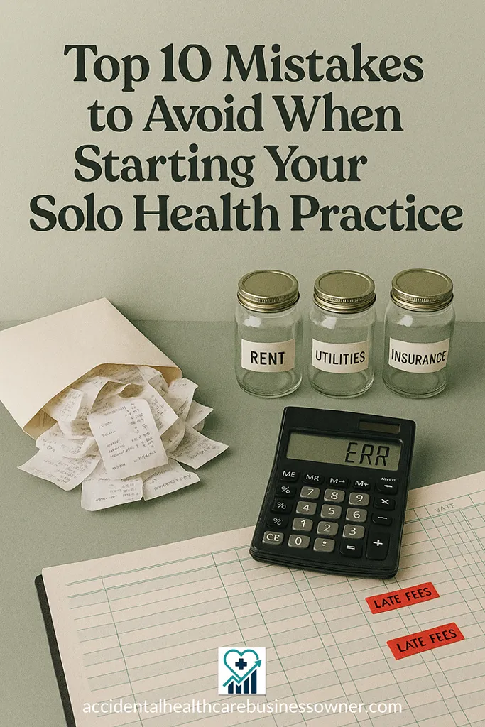 Messy receipt pile spilling from an unlabeled envelope, calculator flashing “ERR,” empty jars for “Rent/Utilities/Insurance,” and bright red sticky tabs marking “late fees” on a ledger. Big bold text says: “Top 10 Mistakes to Avoid When Starting Your Solo Health Practice”
