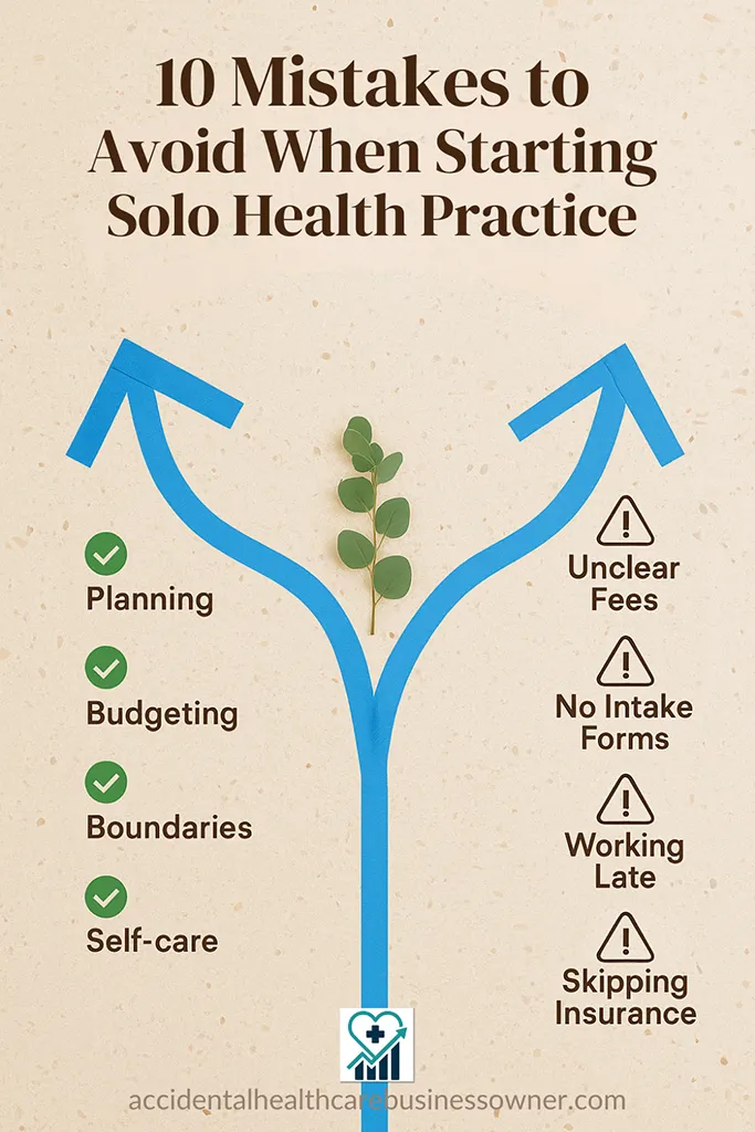 Terrazzo floor “two routes” blueprint — one taped arrow lined with green checkmarks (Planning → Budgeting → Boundaries → Self-care), the other with hazard icons (Unclear Fees, No Intake Forms, Working Late, Skipping Insurance). Big bold text says: “Top 10 Mistakes to Avoid When Starting Your Solo Health Practice”.