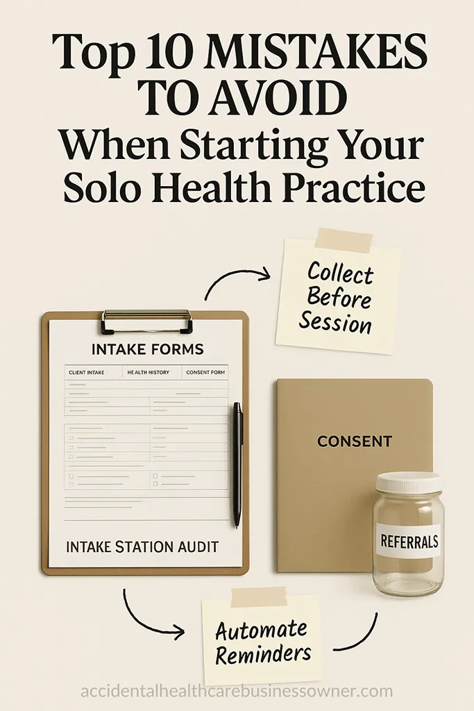 Clipboard with incomplete forms, unlabeled consent folder, empty referral jar. Washi-taped notes reading “Collect Before Session,” “Automate Reminders”. Big bold text says: “Top 10 Mistakes to Avoid When Starting Your Solo Health Practice”.