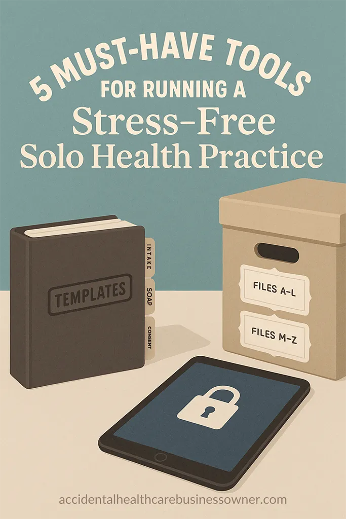 Closed binder stamped “Templates” with divider tabs (Intake, SOAP, Consent), a locked icon on a tablet home screen and an archive box with neat labels. Bold text says: “5 Must-Have Tools for Running a Stress-Free Solo Health Practice”