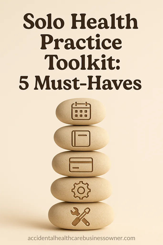 Five smooth stones embossed with icons: calendar, notebook, credit card, gear, toolkit. Bold text says: “Solo Health Practice Toolkit: 5 Must-Haves”