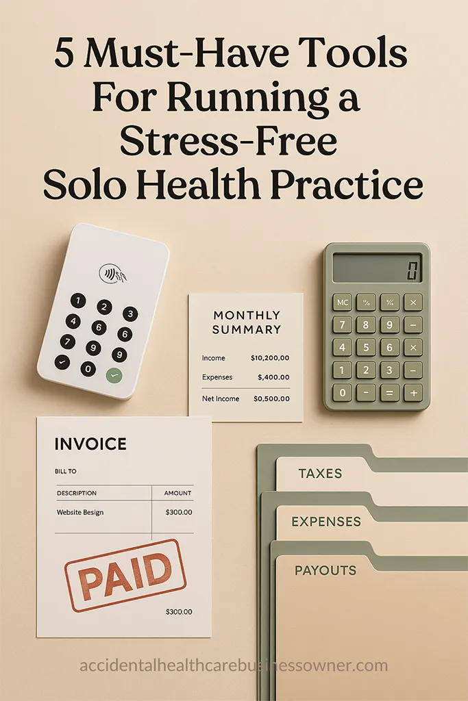 Billing & payments desktop with sleek card reader, invoice stamped “PAID,” reconciled monthly summary card, calculator at zero, and color-coded folders (Taxes, Expenses, Payouts). Bold text says: “5 Must-Have Tools for Running a Stress-Free Solo Health Practice”