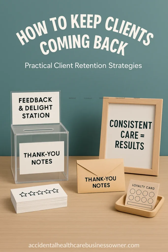 Acrylic suggestion box, stack of star-rating cards, envelope labeled “Thank-You Notes,” and a small tray of loyalty punch cards beside a framed “Consistent Care = Results” card. Bold text says: “How to Keep Clients Coming Back: Practical Client Retention Strategies”
