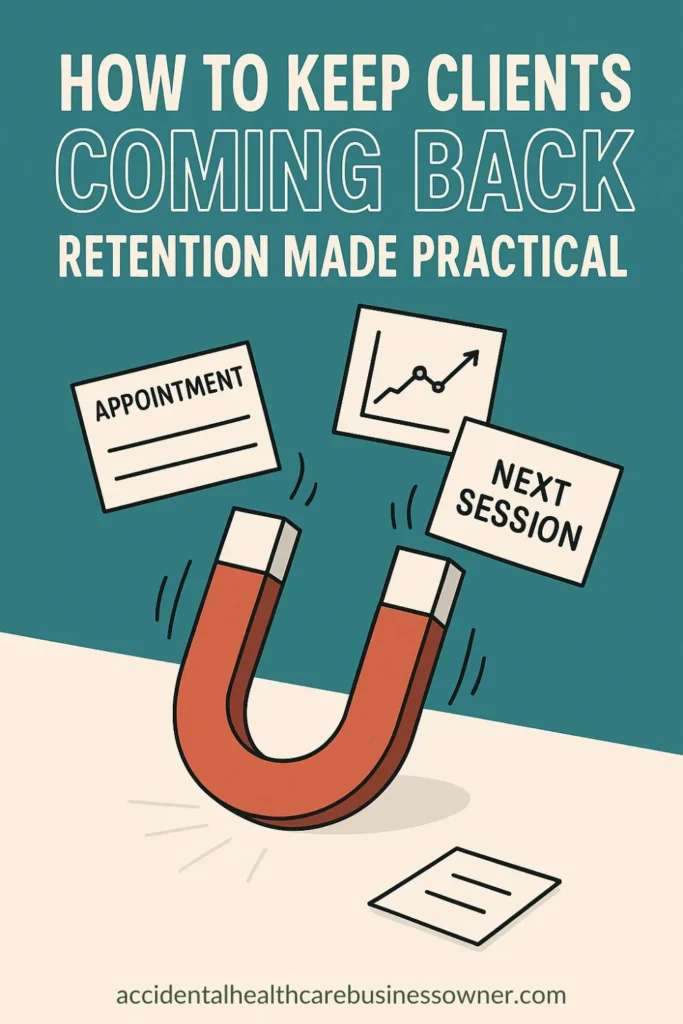 Horseshoe magnet centered gently pulling in appointment cards, progress graphs, and a “Next Session” card. Bold text says: “How to Keep Clients Coming Back — Retention Made Practical”