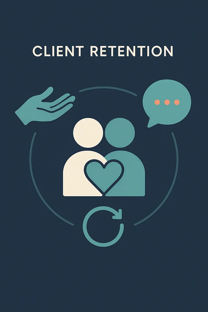 Infographic-style illustration showing the concept of client retention through service and genuine connection in a healthcare practice. Central icon: two abstract human figures overlapping slightly, symbolizing trust and connection, with a subtle heart shape formed in the negative space between them. Surrounding them in a circular layout: three clean icons — a helping hand (service), a conversation bubble (communication), and a circular arrow (loyalty/return).