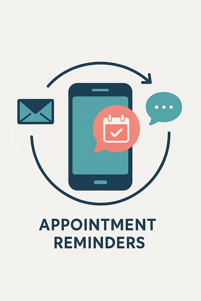 Modern infographic illustration showing the concept of appointment reminders in healthcare. Central icon: a stylized smartphone with a soft notification bubble (gentle, not alarming) containing a calendar checkmark. Around the phone, smaller icons: an envelope (email) and a chat bubble (text).