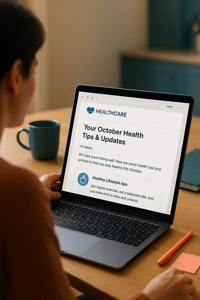 A client sitting at a kitchen table, while reading a friendly healthcare email newsletter on their laptop. One of a number of client retention strategies.
