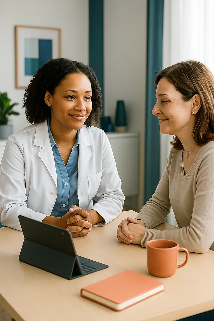 A healthcare provider sitting across from a patient in a bright, modern office, both smiling gently as they resolve a concern.