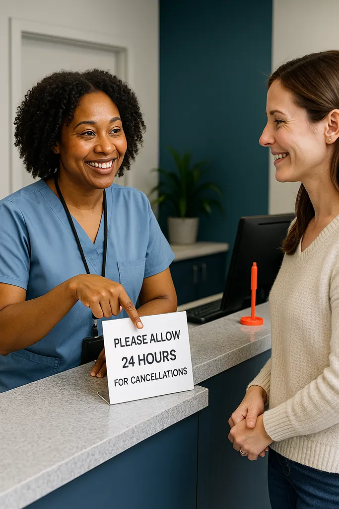 A friendly staff member is kindly explaining a cancellation policy to a patient while pointing to a simple printed notice on the counter that reads: ‘Please allow 24 hours for cancellations.’