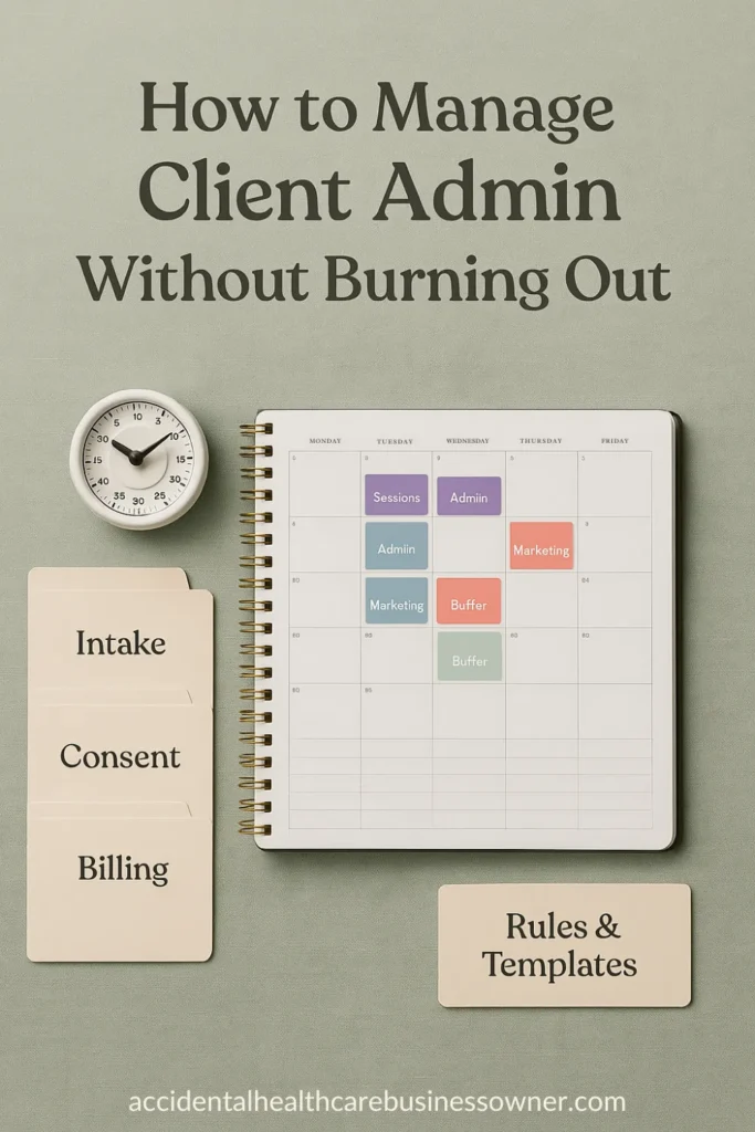 Open weekly calendar with color-coded blocks, timer, labeled folders (Intake • Consent • Billing), and a “Rules & Templates” card. Bold text says: “How to Manage Client Admin Without Burning Out”