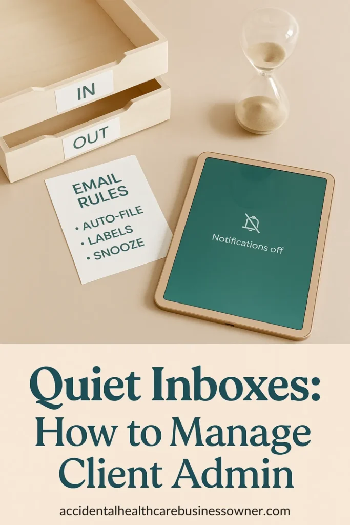 Paired trays labeled IN and OUT, email rules card (“Auto-file, Labels, Snooze”), tablet with notifications off, sand timer half-full. Bold text says: “Quiet Inboxes: How to Manage Client Admin”.