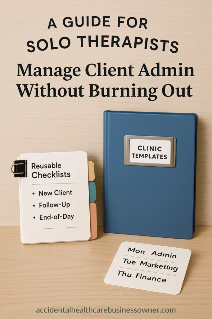 Binder titled “Clinic Templates,” stack of reusable checklists with color-coded tabs, and a weekly batching card. Bold text says: “A Guide for Solo Therapists — Manage Client Admin Without Burning Out”