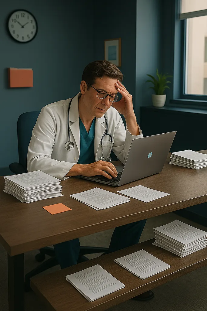 A solo healthcare practice owner sitting at a modern desk, surrounded by a piles of paperwork.