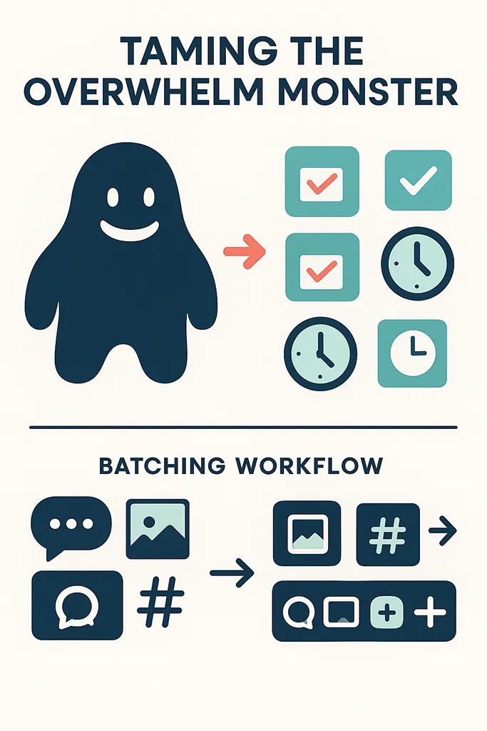 Infographic illustrating how to manage client admin by taming the “overwhelm monster” and breaking tasks into manageable chunks.