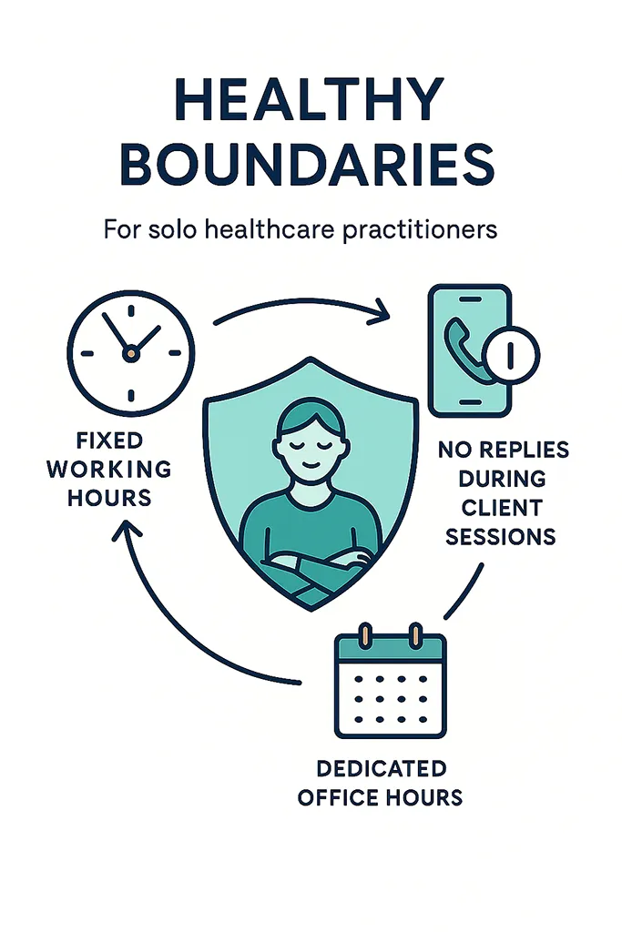 Infographic illustrating healthy boundaries for solo healthcare practitioners. Central image: a shield icon in teal with a calm figure inside, symbolizing protection of time and wellbeing.