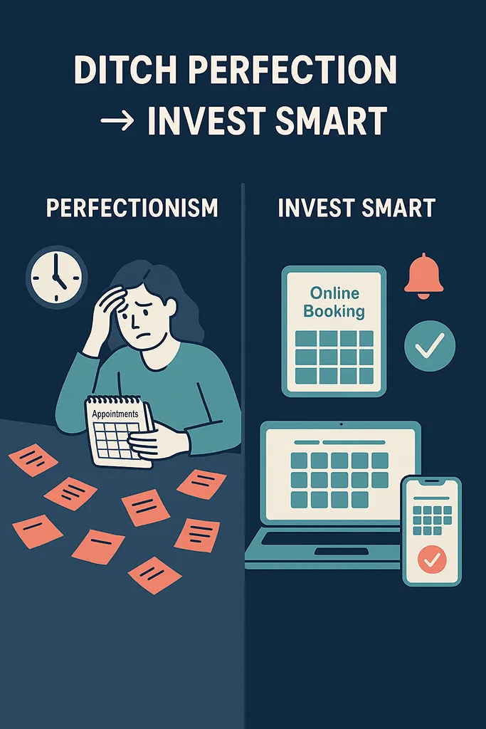 infographic contrasting “perfectionism” with “smart investments.” Left side: a messy desk with scattered sticky notes and a stressed practitioner trying to manage appointments manually. Right side: a sleek digital interface on a laptop and phone showing an online booking system with automated reminders (calendar, notification bell, checkmark icons).