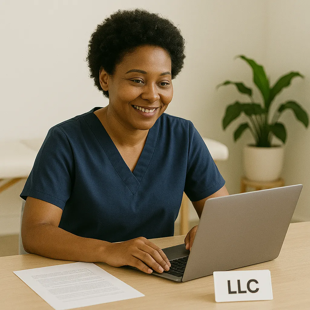 Healthcare professional in scrubs working at a desk with a laptop and paperwork, representing an LLC business structure for a solo medical practice.