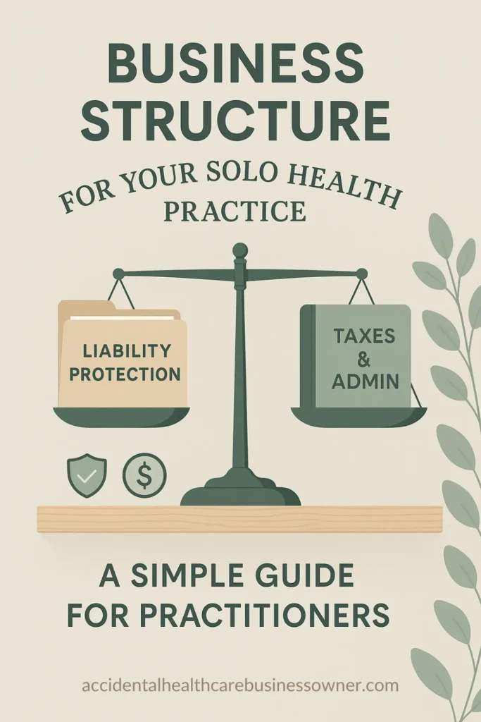 Minimal balance scale - one plate holds a folder labeled “Liability Protection,” the other a ledger labeled “Taxes & Admin”. Text says: “Business Structure for Your Solo Health Practice: A Simple Guide for Practitioners”