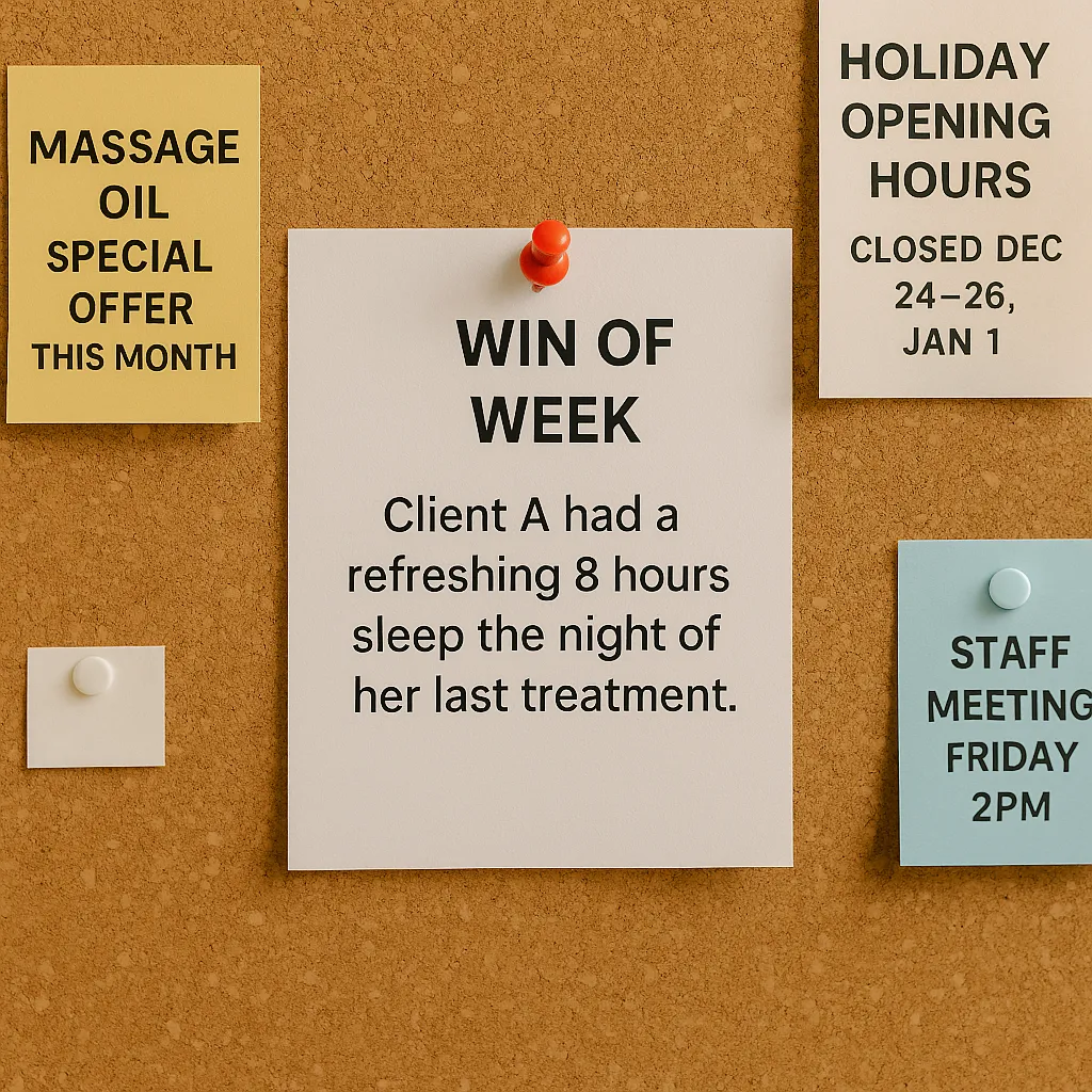 A healthcare clinic noticeboard. The main item is a note saying "Win of the Week". Forgetting the importance of fun and celebration is 1 of 10 mistakes to avoid when starting your solo health practice.