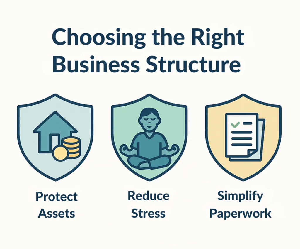 Graphic showing benefits of choosing the right business structure for a solo practice, including protecting assets, reducing stress, and simplifying paperwork.