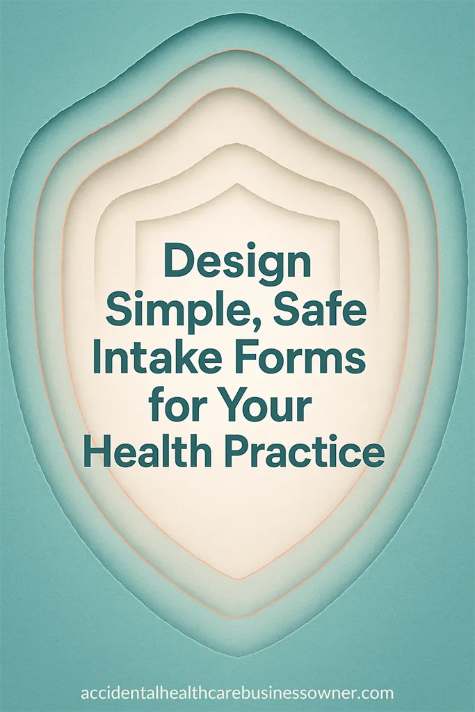 Layered papers forming a gentle nest shape around a central shield icon. Bold text says: Design Simple, Safe Intake Forms for Your Health Practice
