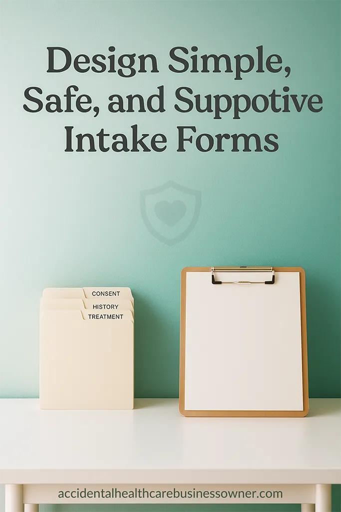 White desk, neatly stacked blank clipboards, tidy tabs labeled “Consent,” “History,” “Treatment,” subtle shield-and-heart watermark. Bold text says: Design Simple, Safe, and Supportive Intake Forms