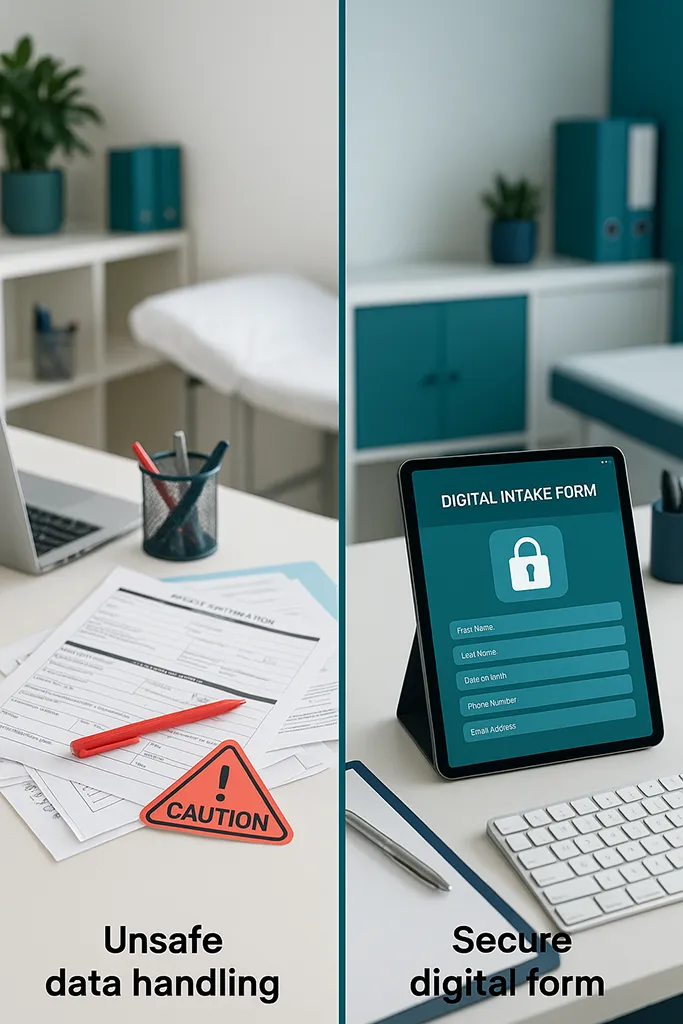 A contrast photograph. On the left: a messy desk with unsecured paper forms, some with patient information visible, symbolizing unsafe data handling. On the right: a sleek, professional healthcare office desk with a tablet or computer displaying a secure digital intake form, with a clear lock icon on screen.