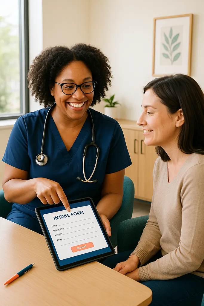 A friendly healthcare provider is sitting with a patient, smiling and pointing at a simple intake form on a tablet. The provider is explaining the form step-by-step in a relaxed, conversational way, while the patient looks comfortable and at ease.
