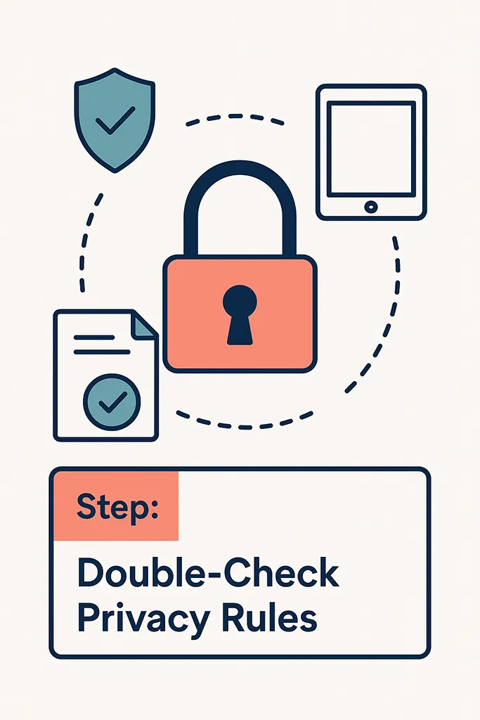 Step-by-step infographic focusing on privacy checks. A large central icon of a secure lock surrounded by smaller icons: a document with a checkmark, a shield, and a tablet. Text callout: “Step: Double-Check Privacy Rules.”