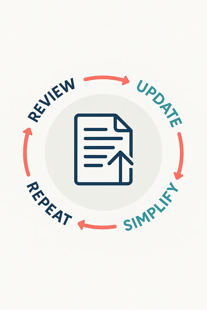 Infographic with a circular cycle diagram showing the process of revisiting and improving intake forms. Four steps around the circle: “Review,” “Update,” “Simplify,” “Repeat.” Central icon: a document with an upward arrow, symbolizing progress.