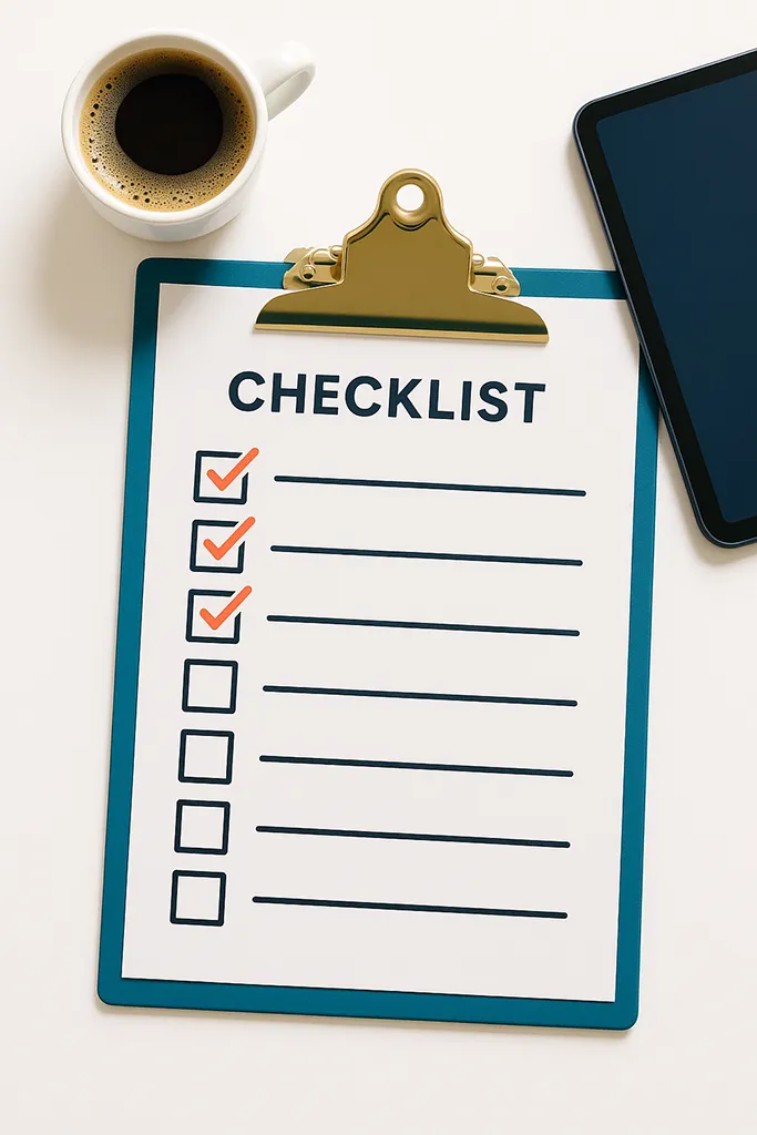 A bright, modern flat-lay photograph of a printable checklist on a clipboard, placed on a clean desk with a coffee cup and tablet beside it. The checklist has bold checkboxes with some marked off, symbolizing action and progress.