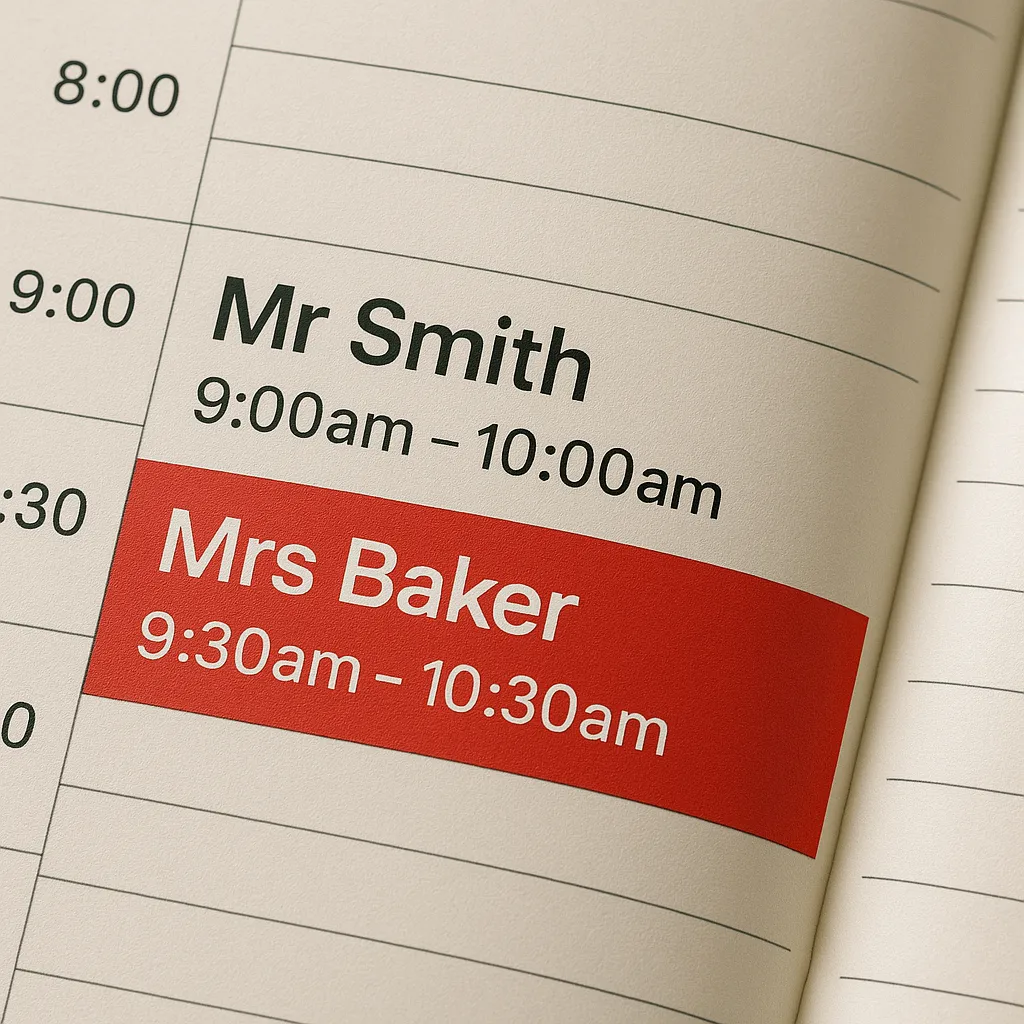 A diary entry showing a double booking.