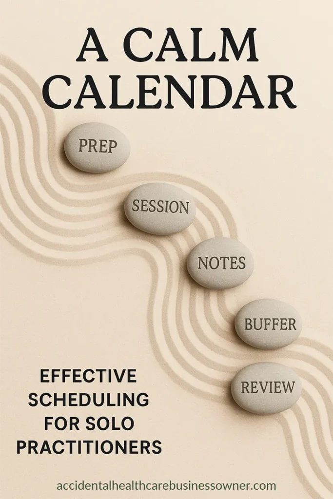 Zen day layout—raked sand garden with five smooth stones engraved: Prep, Session, Notes, Buffer, Review. Bold text says: “A Calm Calendar" and "Effective Scheduling for Solo Practitioners”