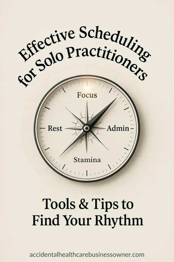 Compass-clock hybrid—sleek compass layered over a minimalist clock face; bearings labeled Focus, Admin, Stamina, Rest; Bold text says: “Effective Scheduling for Solo Practitioners" and "Tools & Tips to Find Your Rhythm”