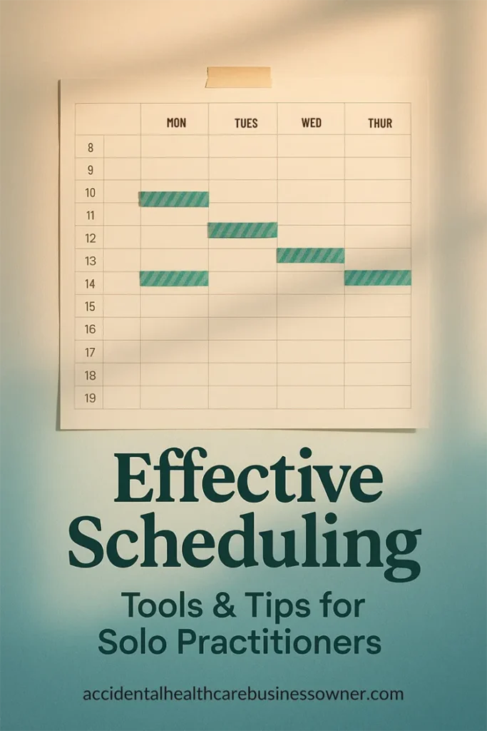 Wall calendar grid with columns for Monday - Thursday with labeled time bands, washi-taped blocks. Bold text says: “Effective Scheduling - Tools & Tips for Solo Practitioners”