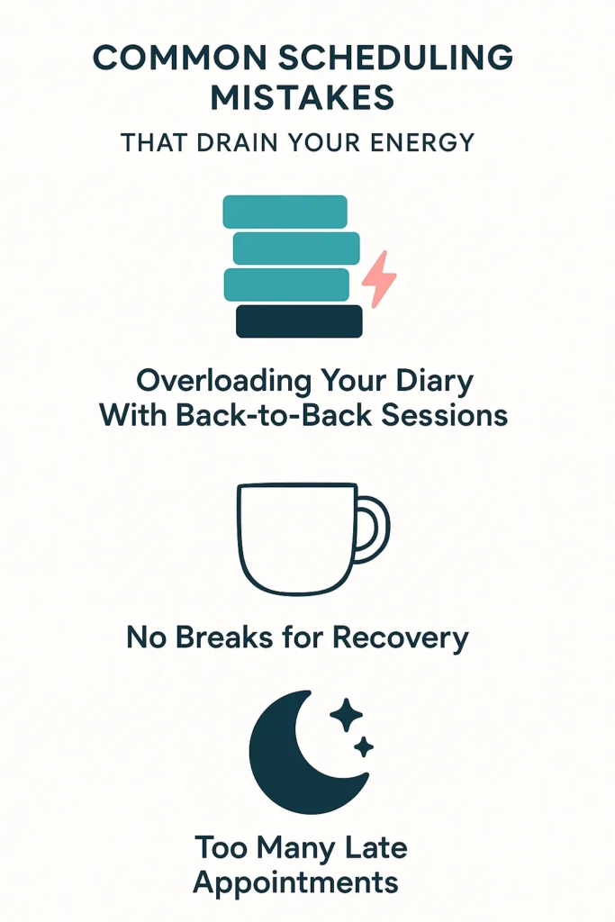 Effective Scheduling for Solo Practitioners - a modern infographic illustrating “Common Scheduling Mistakes That Drain Your Energy.” Overloading Your Diary With Back-to-Back Sessions (represented by a crowded stack of teal and navy blocks pressed tightly together, with a small coral accent indicating “energy drain”). No Breaks for Recovery (empty coffee cup icon), Too Many Late Appointments (moon icon).