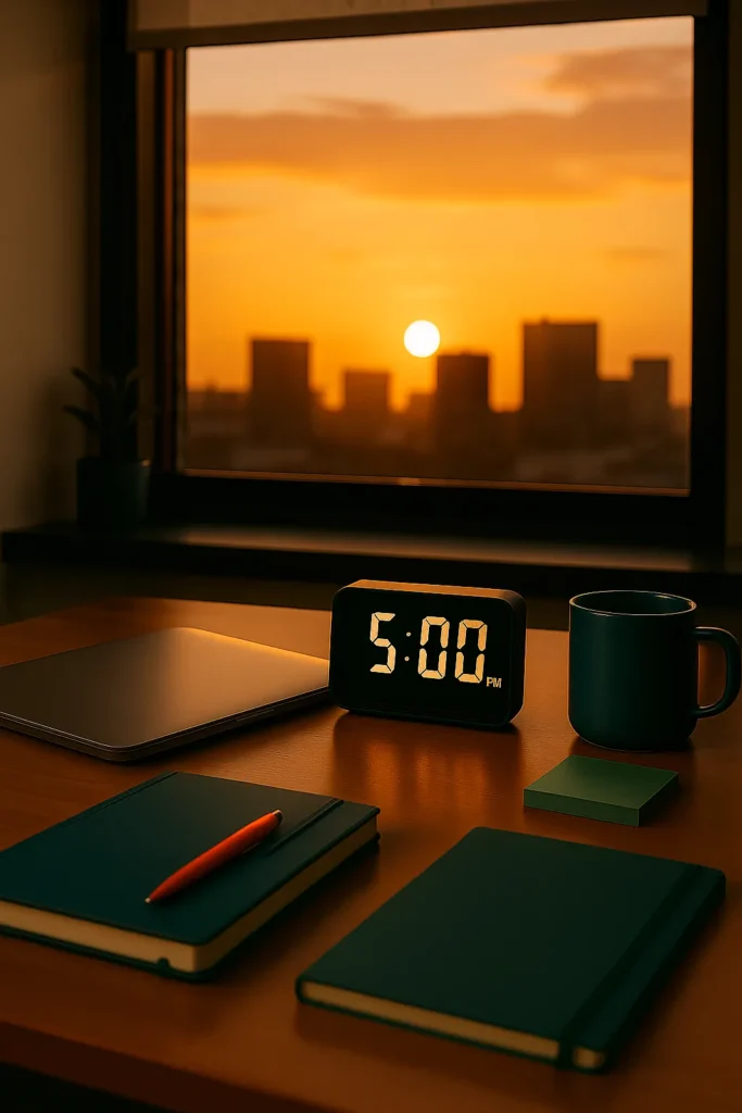 A modern office desk scene at sunset. A laptop is closed with a clock showing 5:00 PM beside it.