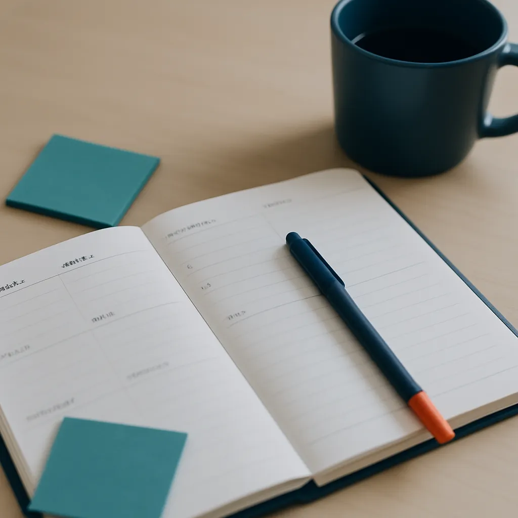 A softly lit workspace scene featuring an open planner on a desk. The pages of the diary are slightly out of focus, but the action of reviewing is clear. A navy pen rests across the planner, with teal sticky notes and a coffee mug nearby.