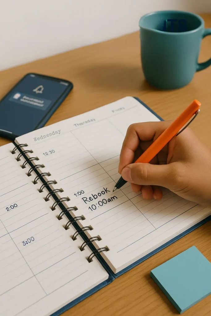 A modern desk scene with a planner or open calendar on the table. A hand is holding a pen, actively writing in a new appointment. Nearby: a smartphone showing a scheduling notification.