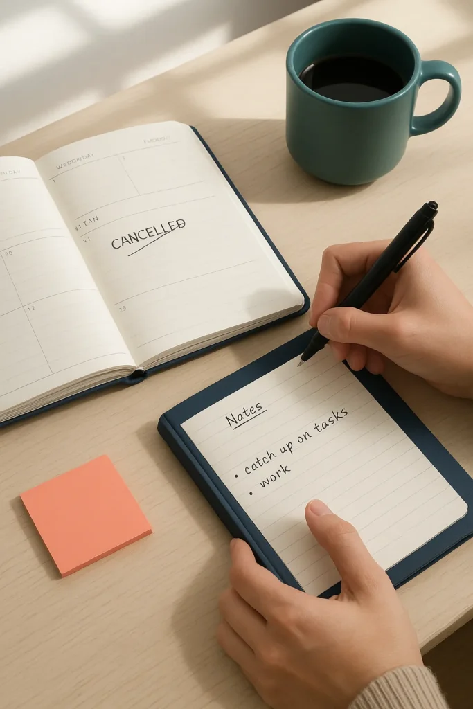 A modern desk scene with an open planner showing a cancelled appointment crossed out. A person’s hand is writing notes in a navy notebook, with a teal coffee mug and small coral sticky note nearby.