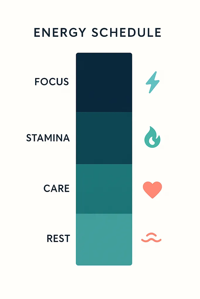 A vertical bar chart-style infographic representing a daily schedule as blocks of energy allocation. Each block is colored in gradients of navy and teal, with subtle coral accents marking recovery moments. Minimalist icons (spark, flame, heart, wave) are placed on certain blocks to indicate focus, stamina, care and rest.
