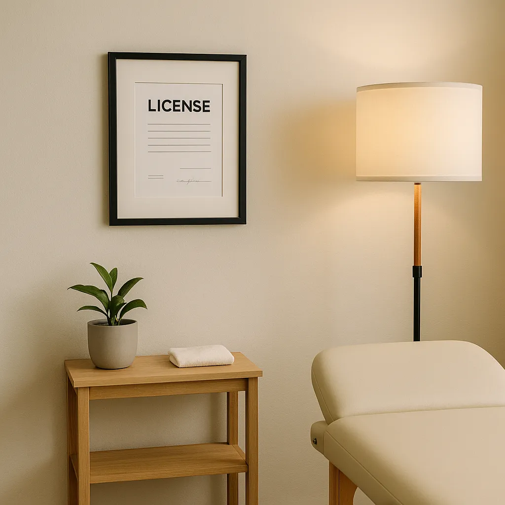 An acupuncture clinic with a framed license on the wall. Overlooking insurance and licensing requirements is 1 of 10 mistakes to avoid when starting your solo health practice.