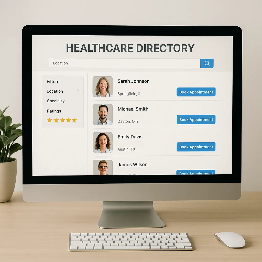 A desk with a computer, keyboard and mouse. An online healthcare directory listing is displayed on the screen. Relying only on word of mouth is 1 of 10 mistakes to avoid when starting your solo health practice.
